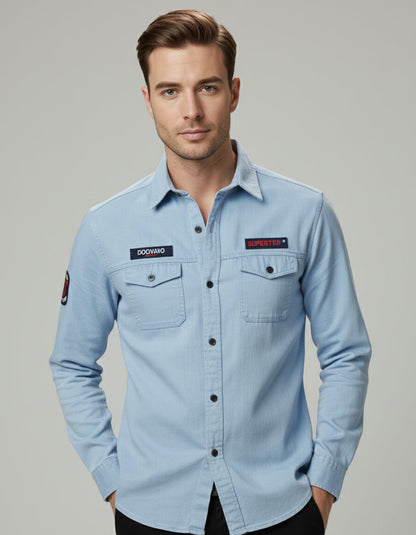 The Vintage Wash Light Blue Casual Shirt | Patched Utility Style