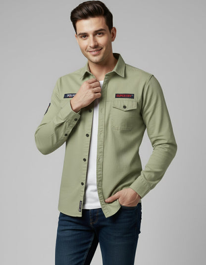 Light Olive Slim Fit Utility Shirt with Chest Pockets