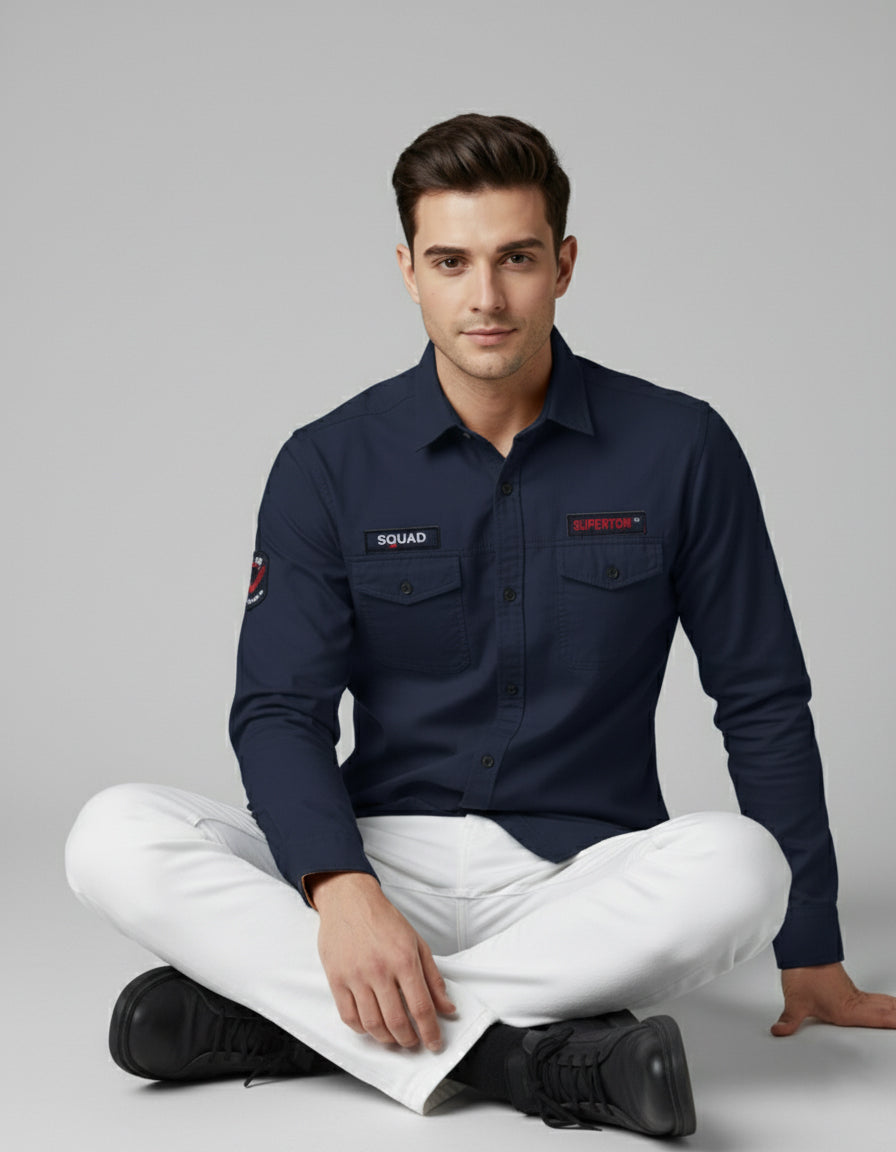 Utility Style Navy Shirt with 'Squad' Patches | Button-Down Casual Wear