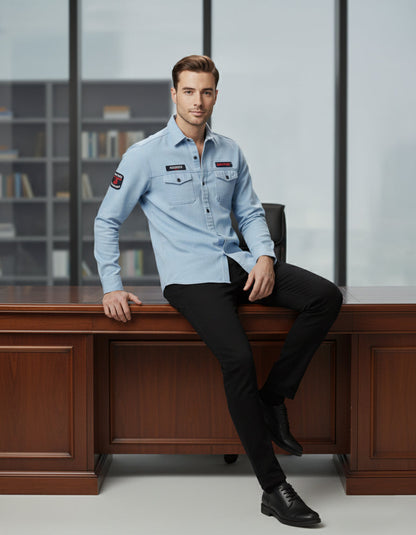 The Vintage Wash Light Blue Casual Shirt | Patched Utility Style
