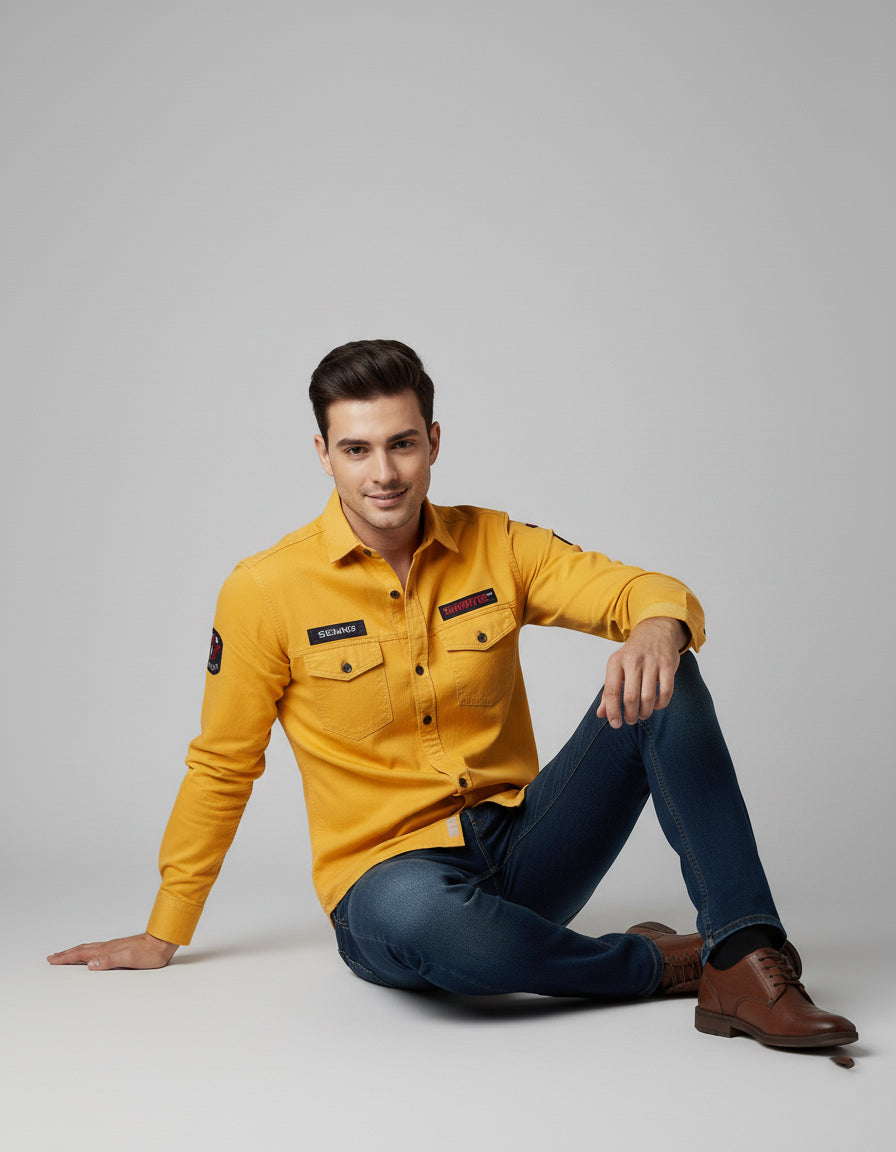 Men's Mustard Yellow Utility Shirt - Long Sleeve Slim Fit with Flap Pockets