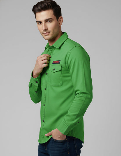 Vibrant Green Cotton Casual Shirt with Chest Pocket & Appliqués