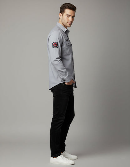 Men's Slim Fit Grey Casual Shirt | Utility Pockets & Tactical Patches