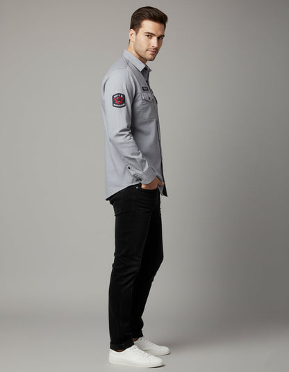 Men's Slim Fit Grey Casual Shirt | Utility Pockets & Tactical Patches