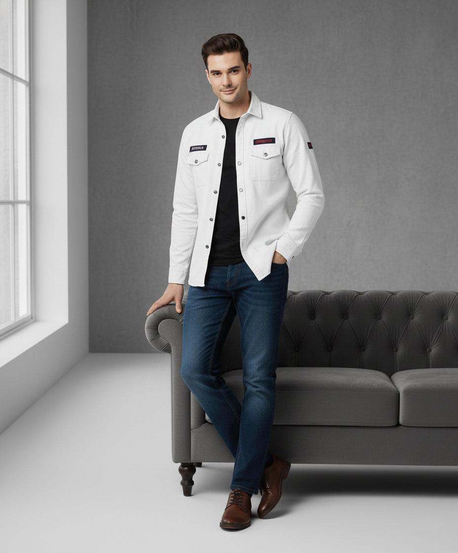 Men's White Full Sleeve Shirt with Patches
