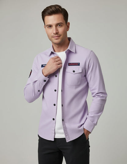 Men's Solid Pastel Purple Shirt with Logo Appliqués | Double Pocket