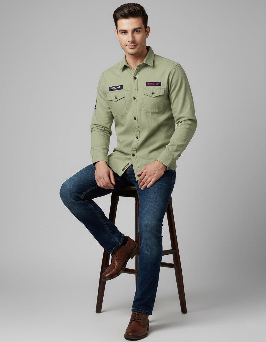 Light Olive Slim Fit Utility Shirt with Chest Pockets