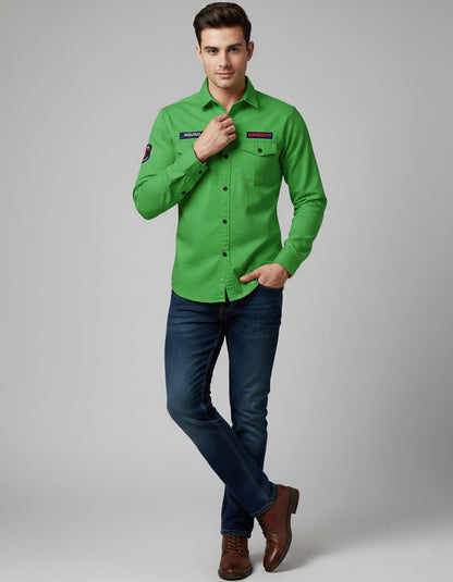 Vibrant Green Cotton Casual Shirt with Chest Pocket & Appliqués