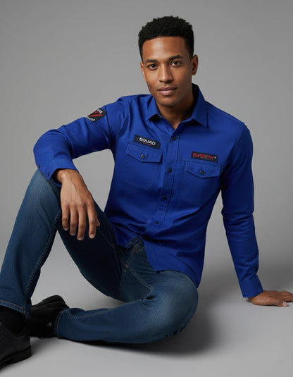 The Bold Cobalt Blue Casual Shirt | Patched Utility Style