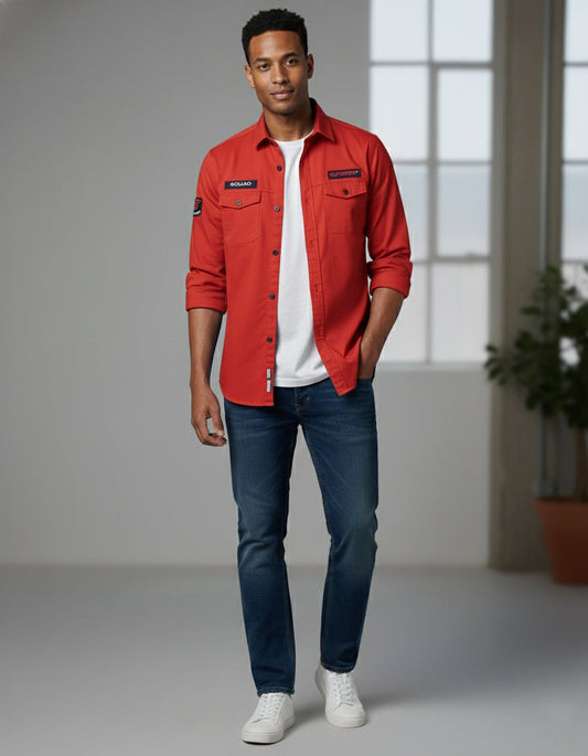 Utility Style Red Shirt with 'Squad' Patches | Button-Down Casual Wear