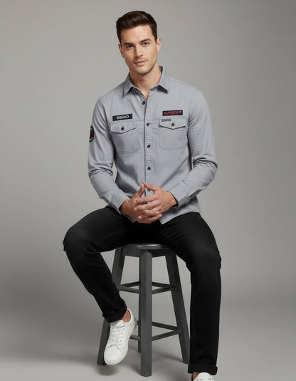 Men's Slim Fit Grey Casual Shirt | Utility Pockets & Tactical Patches