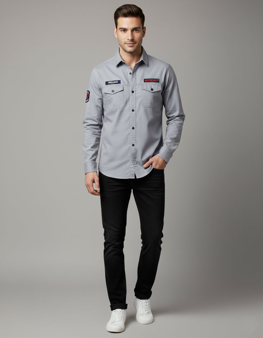 Men's Slim Fit Grey Casual Shirt | Utility Pockets & Tactical Patches