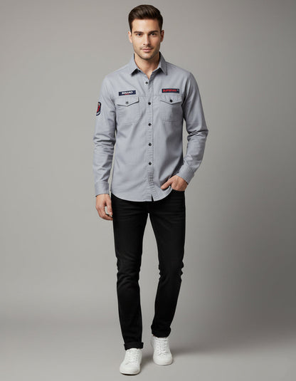 Men's Slim Fit Grey Casual Shirt | Utility Pockets & Tactical Patches