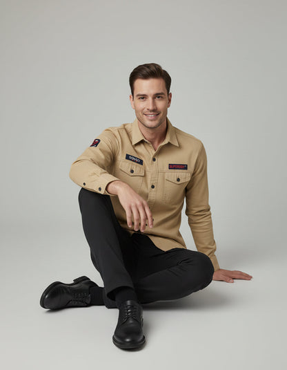 Khaki Designer Casual Shirt for Men | Tactical Patches | Full Sleeve Slim Fit
