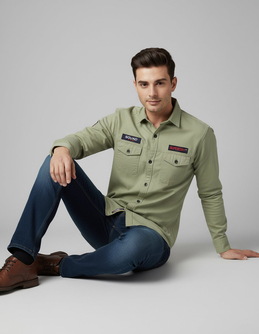 Light Olive Slim Fit Utility Shirt with Chest Pockets