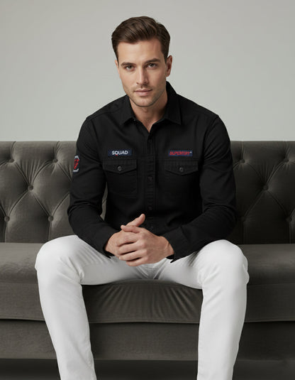 Men's Black Slim Fit Casual Shirt with Utility Pockets & Patches
