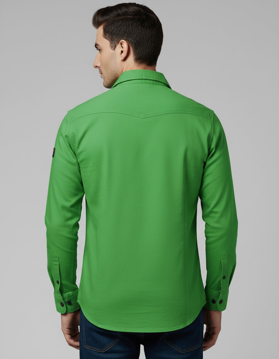 Vibrant Green Cotton Casual Shirt with Chest Pocket & Appliqués
