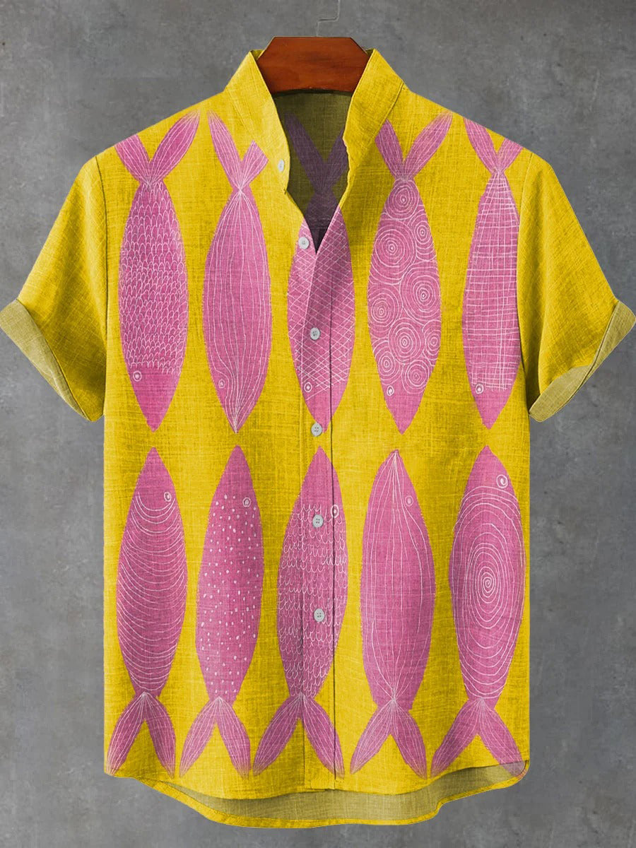 Vintage Pink Fishes Print Casual 100% Cotton Shirt