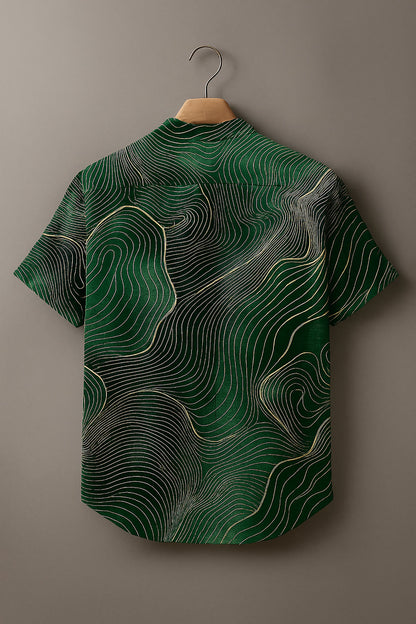 Abstract Green Geometric Stripes Vintage Print Casual 100% Cotton Shirt