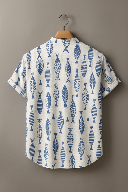 Men’s Coastal Fish Print Short Sleeve Casual Shirt